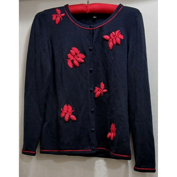 Talbots Petite Small Navy Blue Red Embroidered Cardigan Sweater Strawberries - Picture 1 of 8